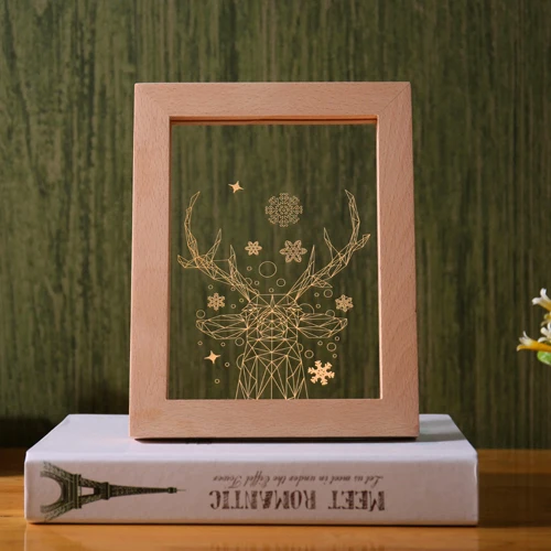 Craft Beech Wooden Foto Frame Lamp 3D Acrylic Wood LED Photo Frame Night Light