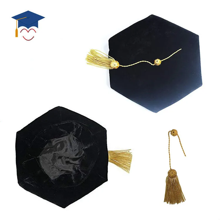 Custom velvet ny caps 6 tam hat hexagon cap with golden tassel for phD graduate