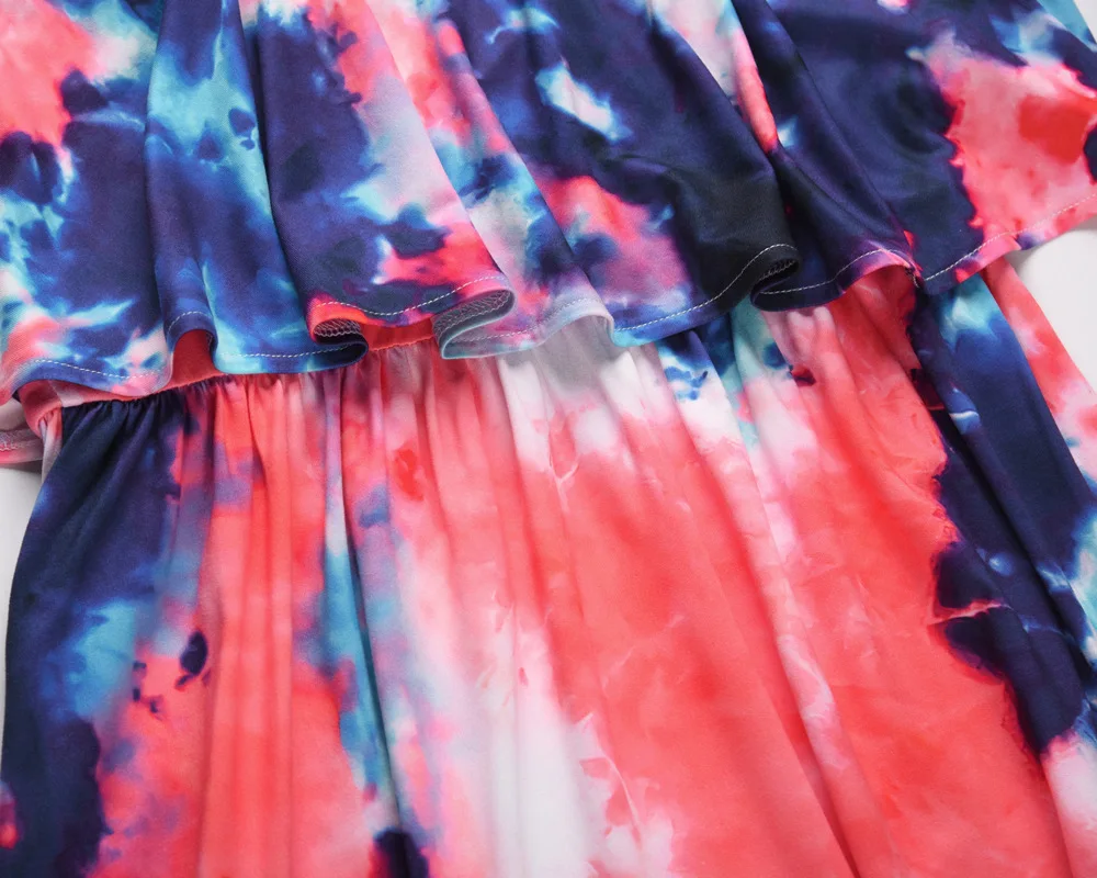 
Hot Sale Tie Dye Print Summer Maxi Dress Long Loose Style Slips Beach Sundress With Ruffles 