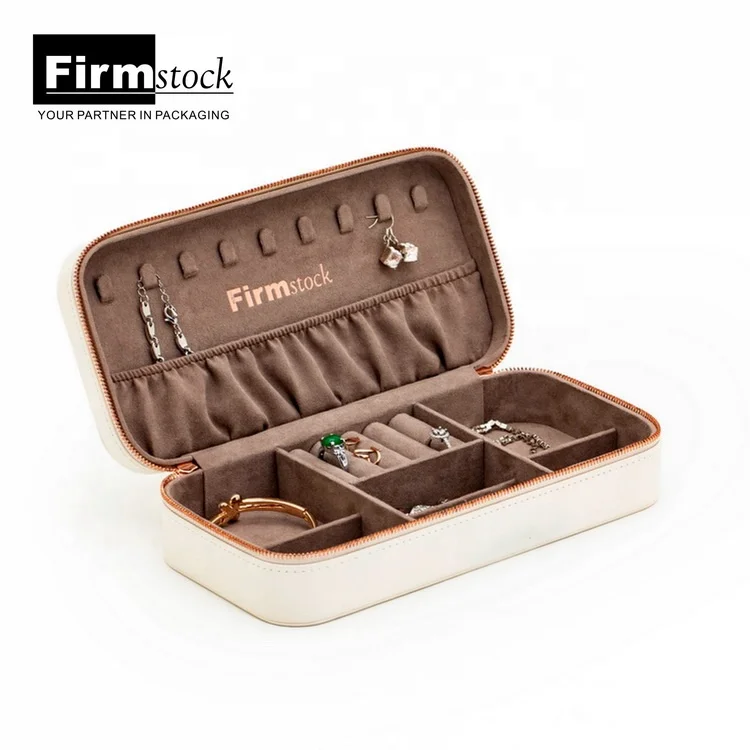 Custom white storage Leather Small zipper jewellery Boxes luxury Portable ring Travel Jewelry box Organizer