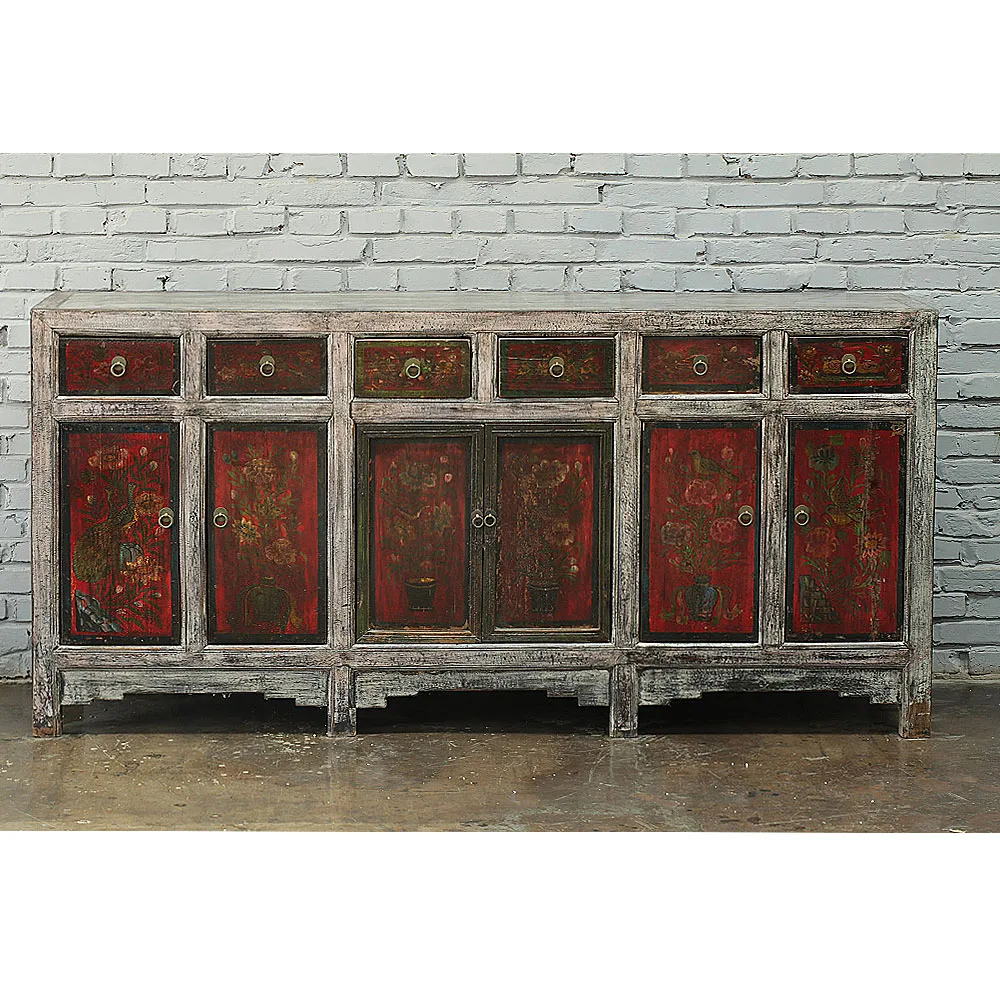 Новое поступление глянцевая мебель из переработанного дерева антикварная восстановленная древесина Монгольская живопись сервант для гостиной
