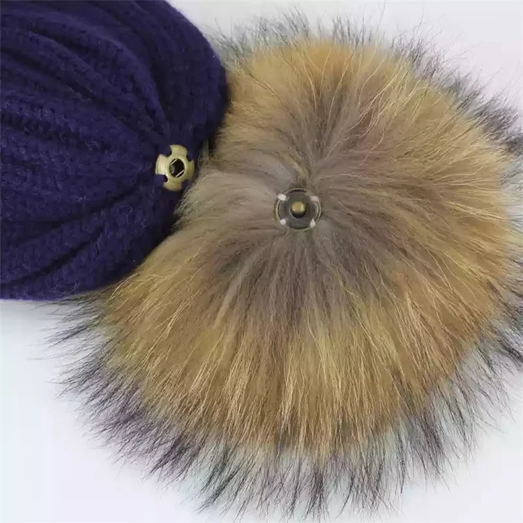 15cm Big Fur Pompoms Real Raccoon Fur Ball Nature Color Fur Pom Poms With Snap For Hat