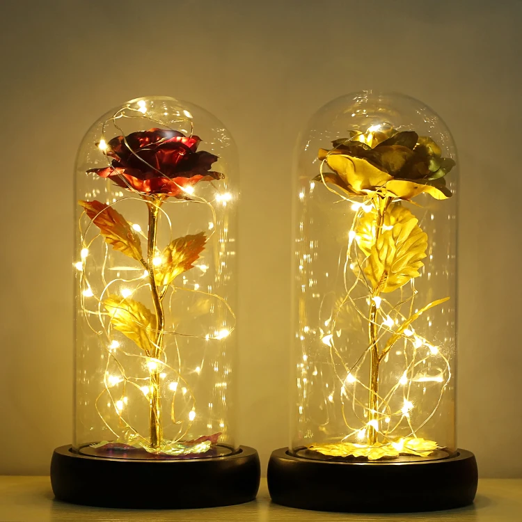 preserved Artificial flowers and plants Simulation Immortal Gold Leaf Eternal Flower light illuminated rose glass
