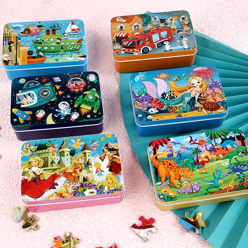 Children 2 to 4 Years Wooden Educational Toy Iron Box Cartoon Puzzles Early Education Learning Toy Parent-Child Game Toys