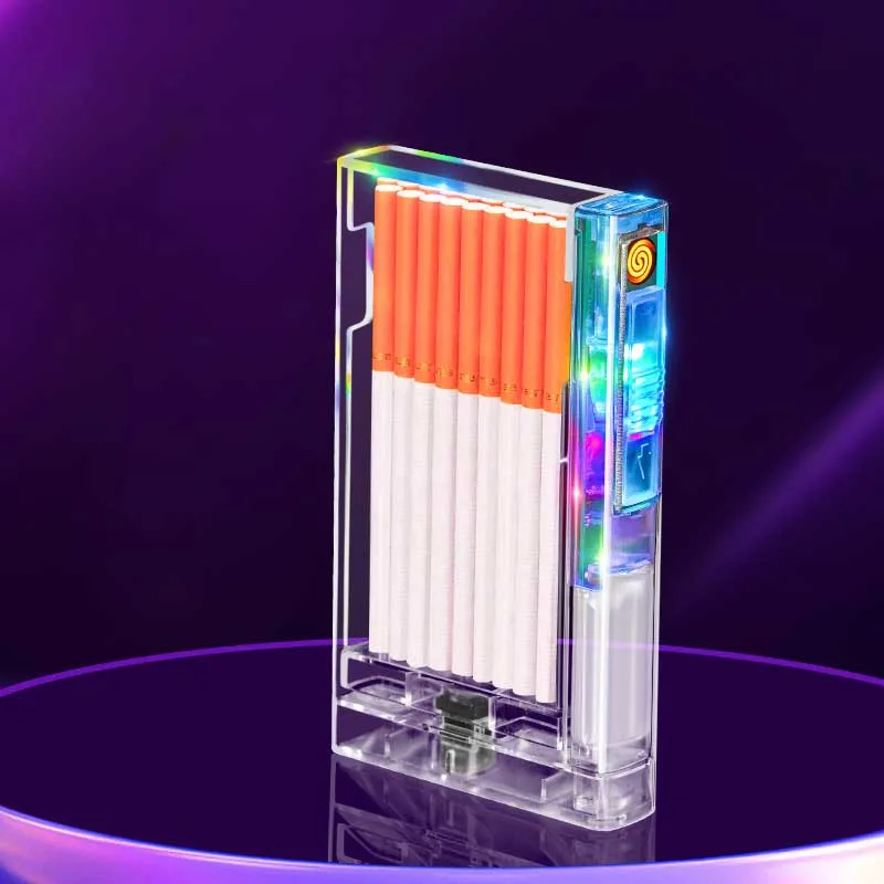 Cigarette case for thin cigarettes tungsten ignition transparent colorful light cigarette box lighter