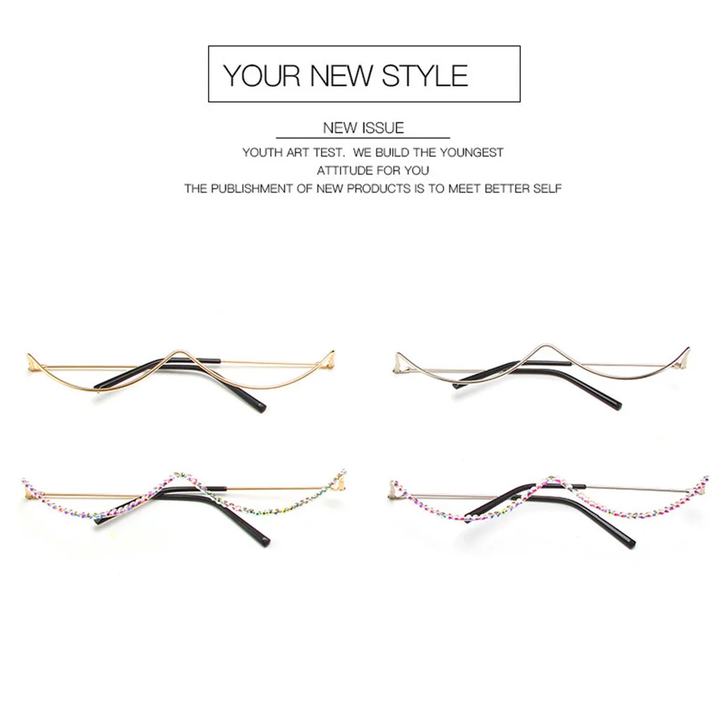 Eyeglasses Frames Crystal Colorful Chain Frame Glasses Luxury No Lens Semi Rimless Diamond Sunglasses