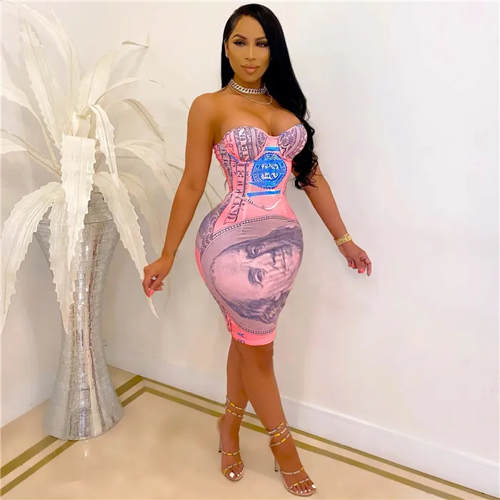 Dropshipping dresses sexy Clothes For Women 2021 Strapless Bodycon Usd Printed Dress Package Hip Dresses Women