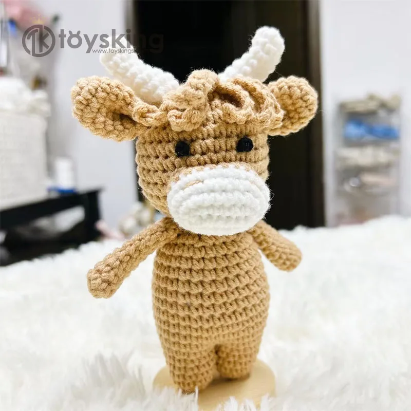 Safari stuffed Highland Cattle, Knit jungle animals cuddle toys, 100% hand woven cotton doll crochet for baby gifts