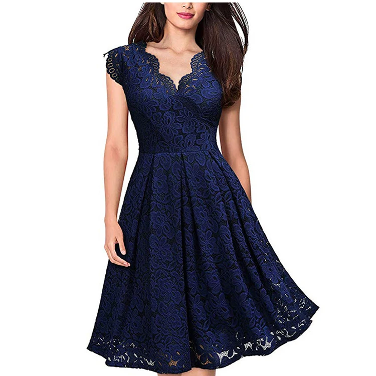 Hot Selling Elegant Casual Dresses Women Clothing Party Bridesmaid Dress Vintage V-neck Plus Size Lace Evening Dress