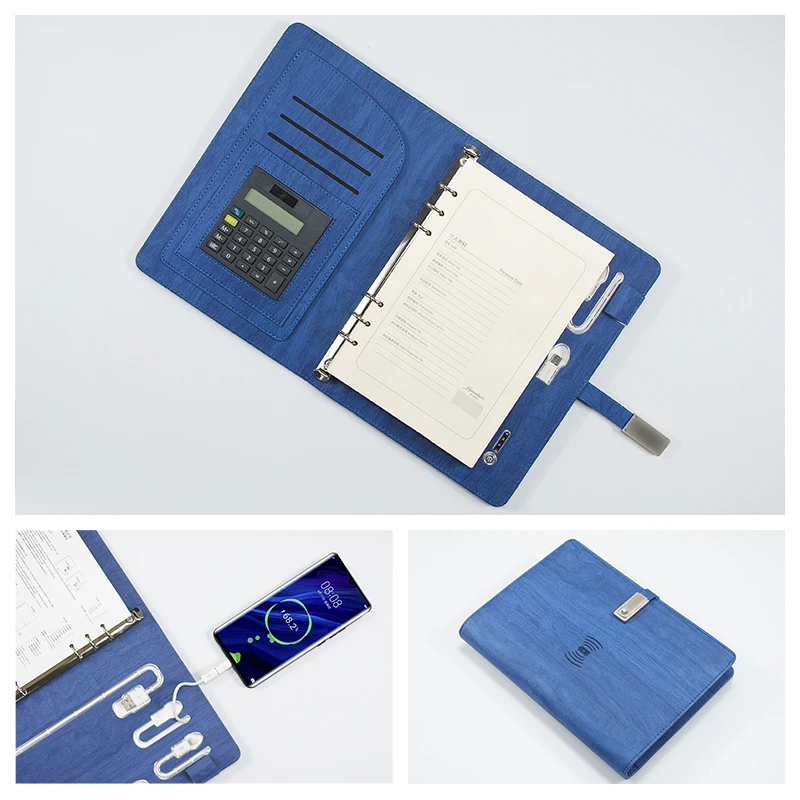 Factory wholesale 6 Ring Binder power bank Notebook A5 PU Leather tree texture for gift power bank diary custom logo
