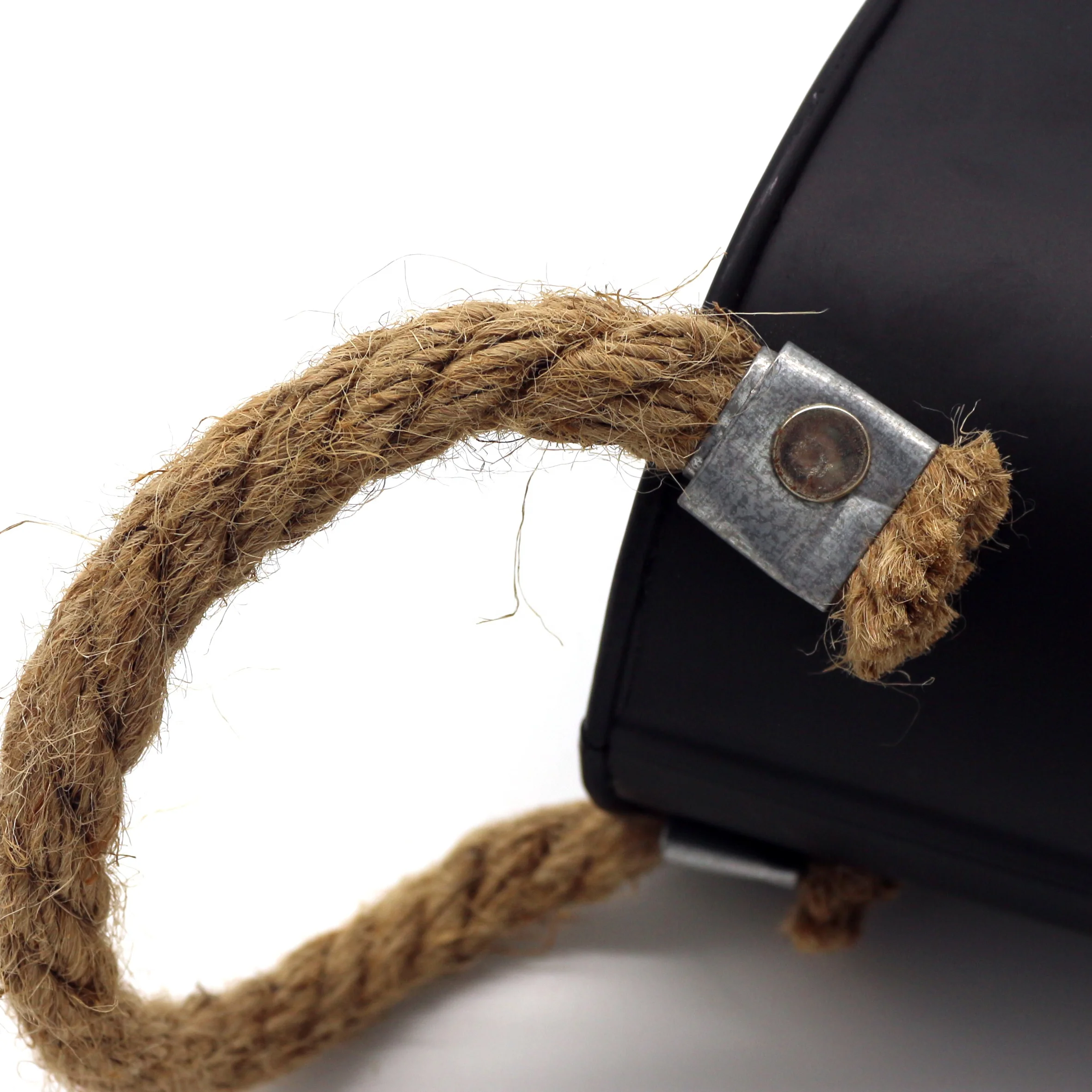 Primitive Matt Black Metal Tin Planter with Hemp Rope handle, Rustic Oval Metal Flower Pot Garden Bucket for Indoor or Outdoor