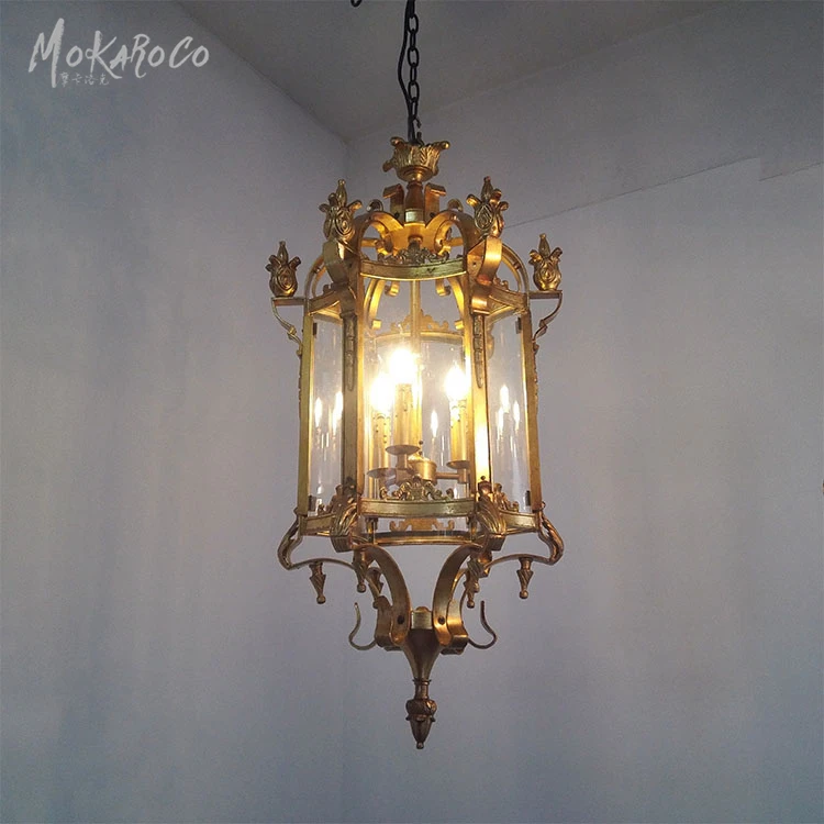 
Cage chandelier gold foil of the ancients light American retro hexagonal glass chandelier Roman gothic courtyard ceiling lamp 