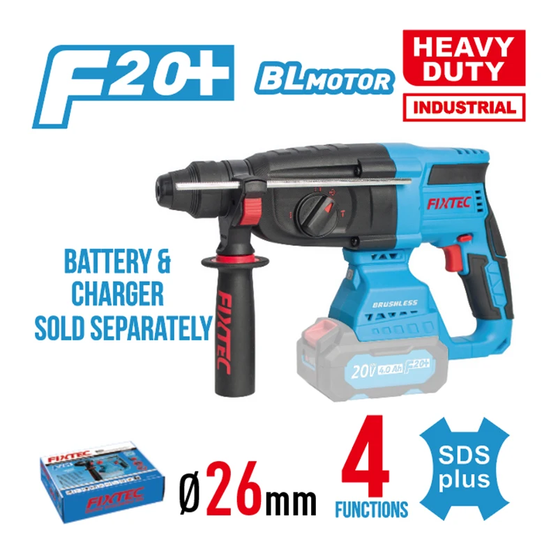 FIXTEC 20V Brushless Electric Hammer Drill 4 Functions 26mm SDS Plus Rotary Hammer Drill Machine