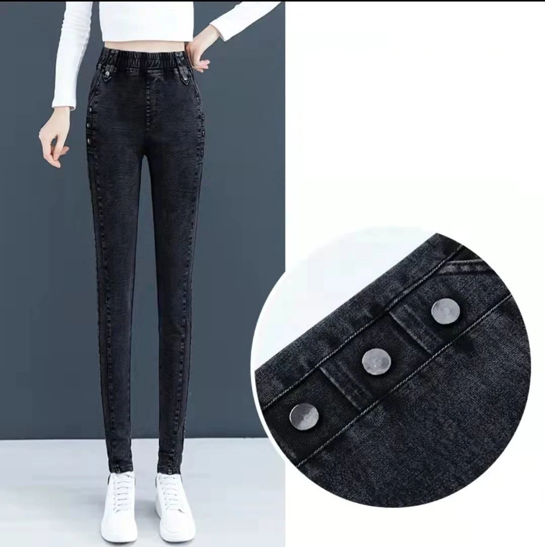 Women Plus Size 32 Vintage Slim Vaquero Bleached Warm Winter Denim Pants Black Leggings New Winter Plus Velvet Stretch Jeans