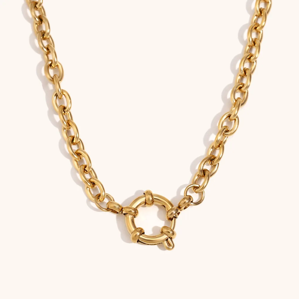 Custom Jewelry Stainless Steel 18K Gold  Plated Paper Clip Chain with Spring Buckle Pendant Necklace