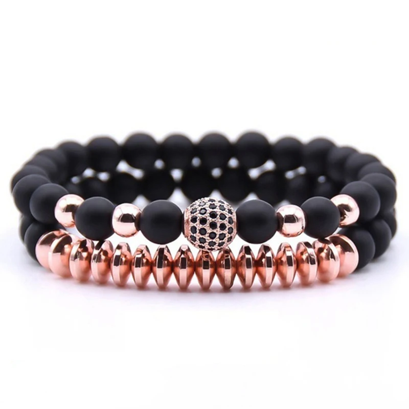 Men Women 2Pcs / Set Natural Matte Black Onyx Stone Jewelry Charm Healing Bead Bracelet