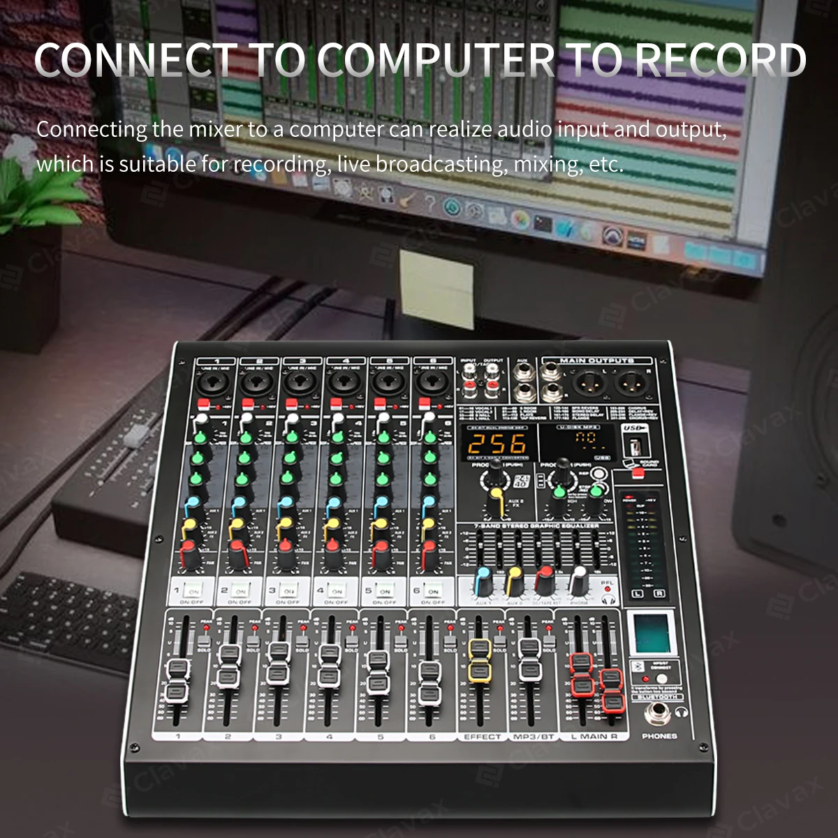 Clavax CLMC-RX6 6 channel dj mixing Console with 256 DSP effects and dual side LED surround lights Audio Mixer