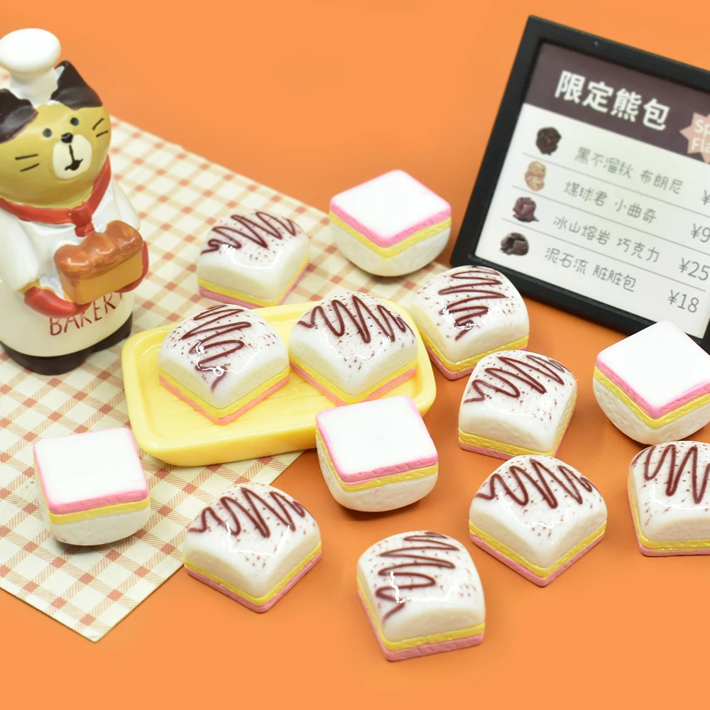 Square cake resin flatback cabochon for diy doll house miniature food jewelry making cream glue phone case decoration