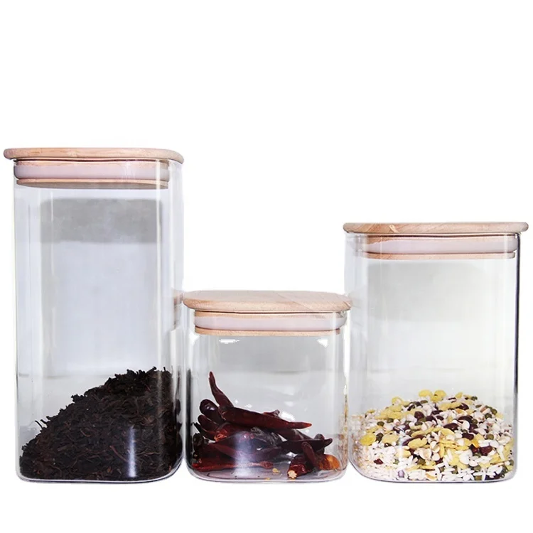 1000ml Square candy glass jar with bamboo lid glass sugar storage jar