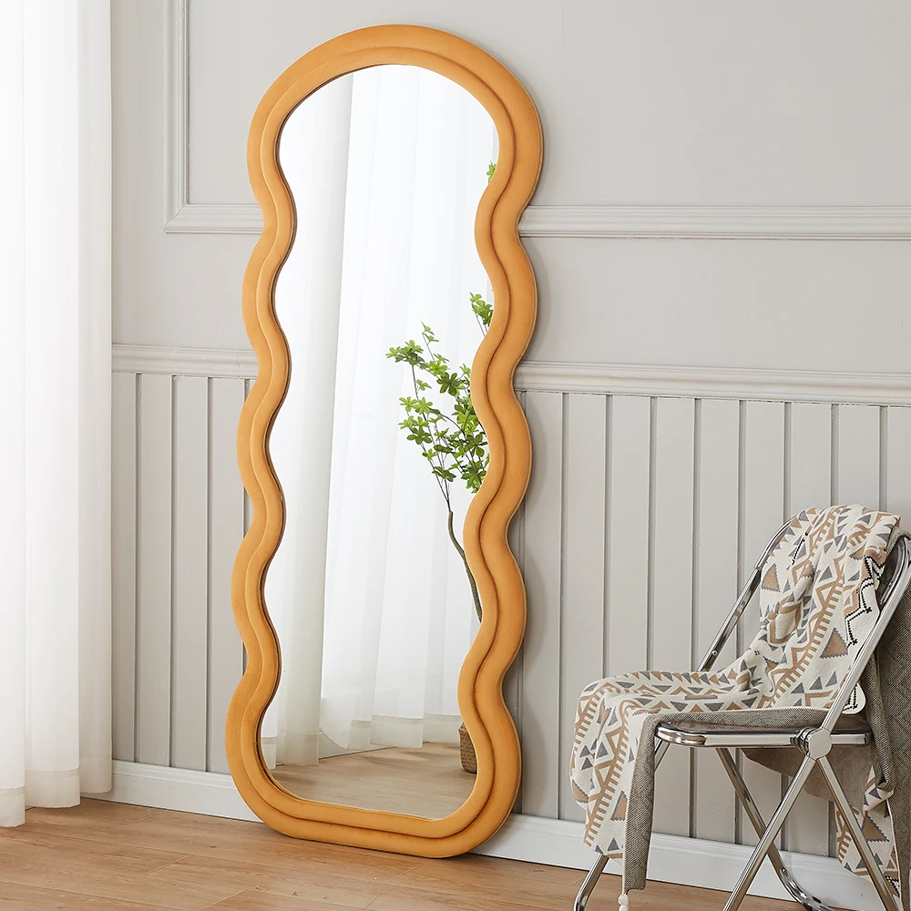 Hot Sale Arched Full Length Wooden Asymmetrical Mirror Frame Long Wavy Floor Standing Wall Leaner Mirror