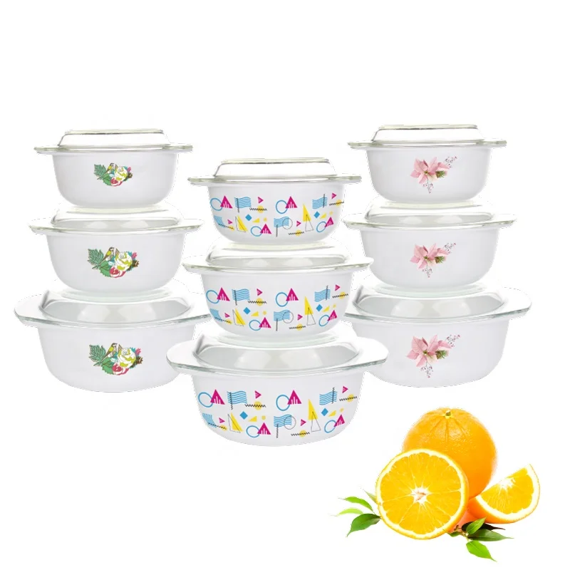Opal Glass Casseroles with Lid and Handle Classic Decal Printing Tableware Decor 2000ml Soup Pot Bowl Home Use 3 different sizes
