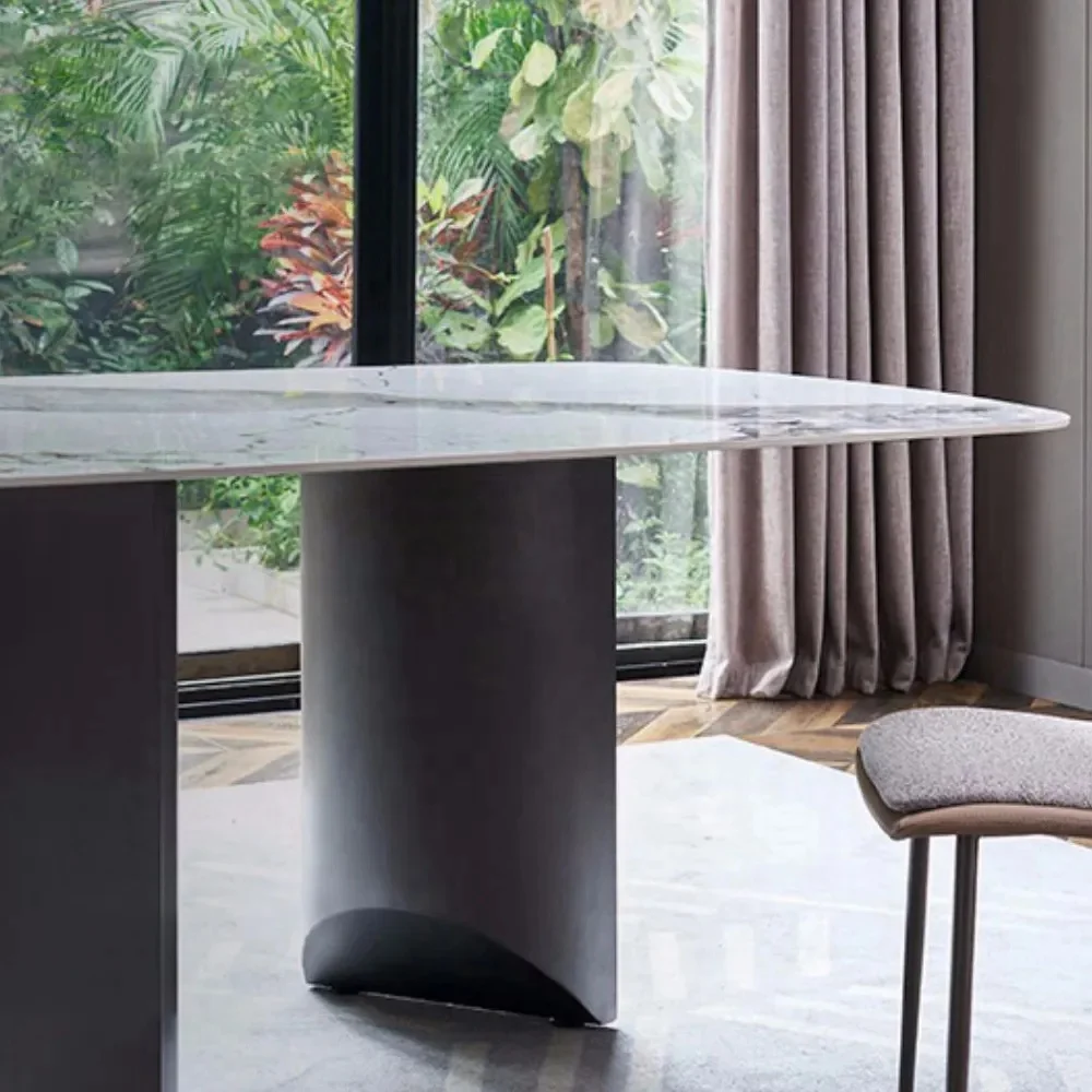 Modern Rectangular Sintered Stone Dining Table with Double Pedestals Table Marble Tables