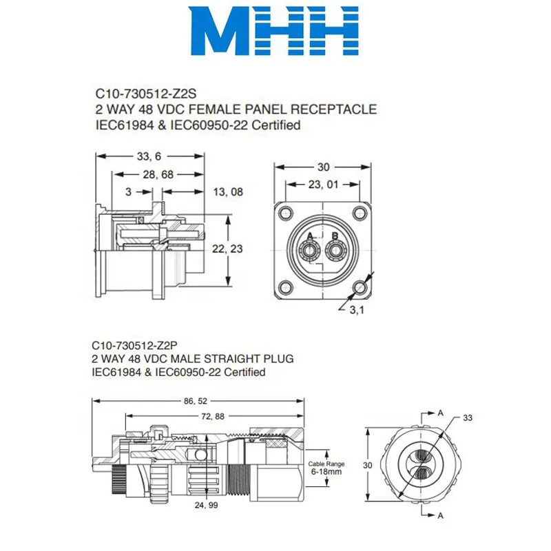 Amphenol Circular connector C10-748159-Z2S  RNT447 38/02 4G/5G DC Power Connector Nokia/Ericsson RRU 55A 2 way TVS