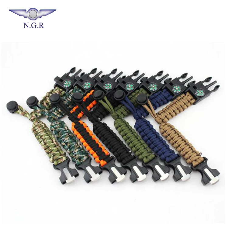 Outdoor hiking and camping equipment adjustable survival bracelet with flint firestarter whistle and compass
