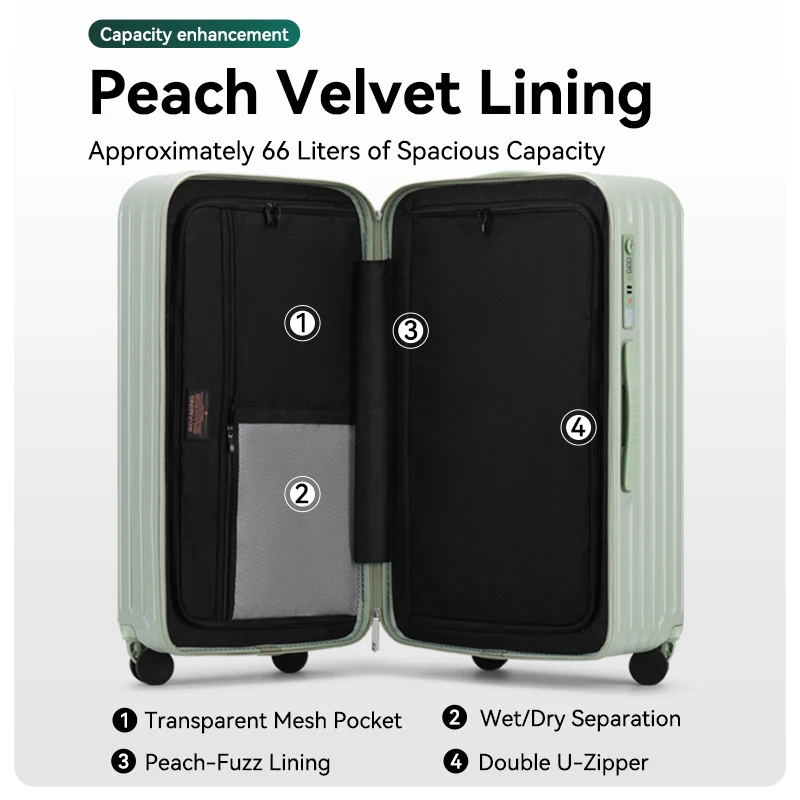 ROAMING Wholesale Voluminous Suitcases PC Zipper Large Luggage Checked in Travel Trolley Cases with Peach Skin Velvet Cup Holder