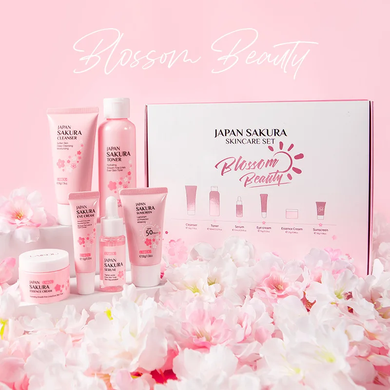 LAIKOU Japan Sakura Skin Care Set 6pcs Hydrating Smooth Wrinkle Cream Serum Toner Cleanser Suncreen Set