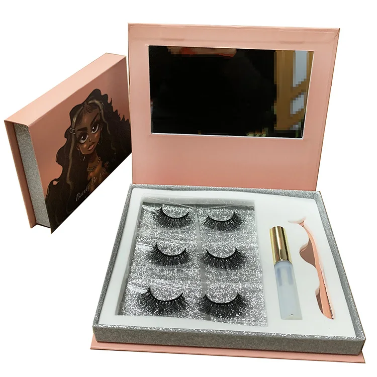 
custom logo eyelash case 3 pairs eyelash packaging with glue and applicator lash box with mirror eyelash vendor 