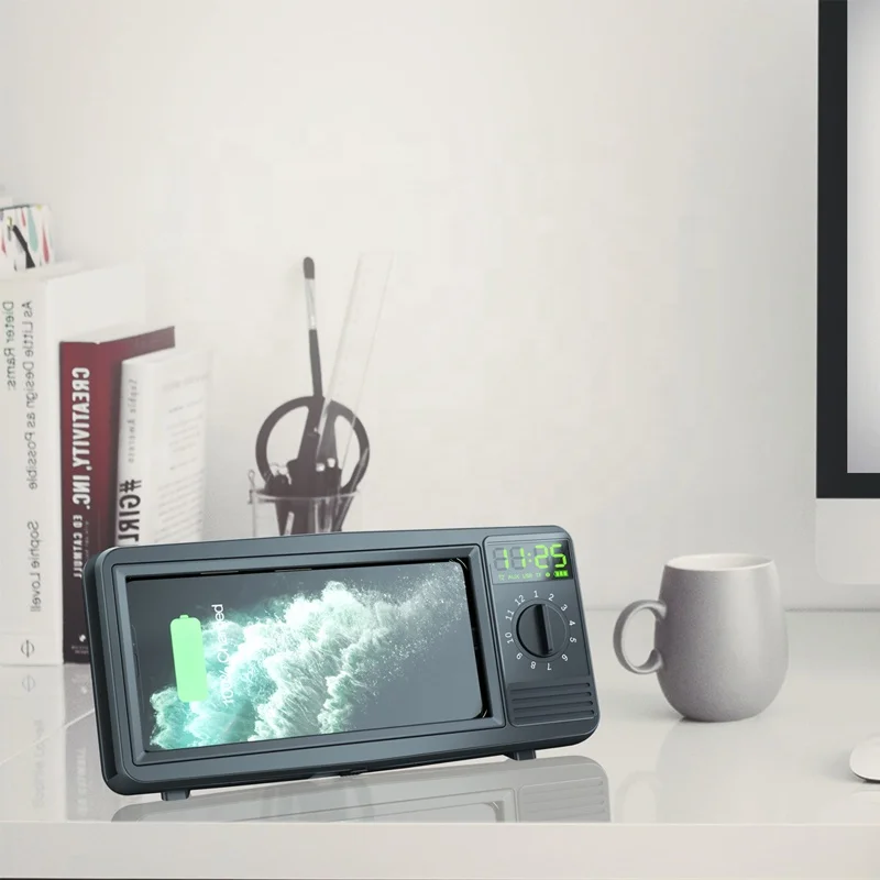 
Custom Logo Retro TV Speaker Desktop Qi Fast Wireless Charger Stand with Clock / Alarm Function 