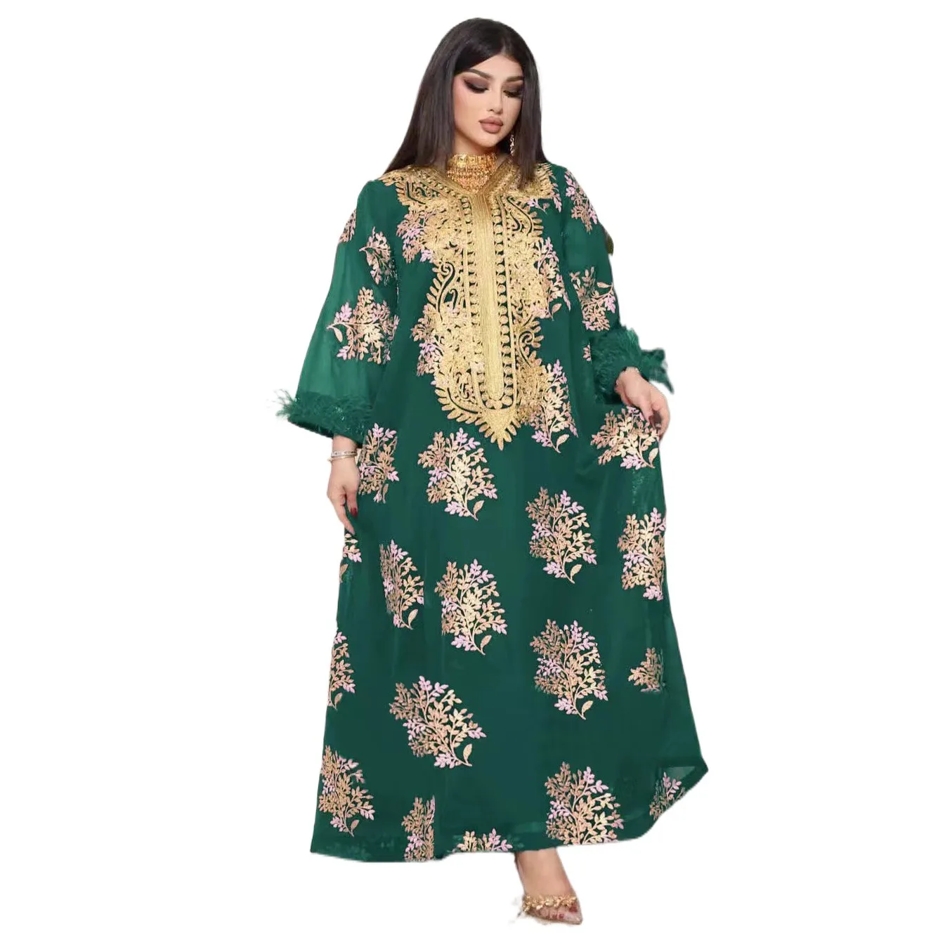 LYZAB214 2022 Muslim Summer New Middle East Dubai Wedding Embroidered Ostrich Gold Lace Islamic Abaya Dress