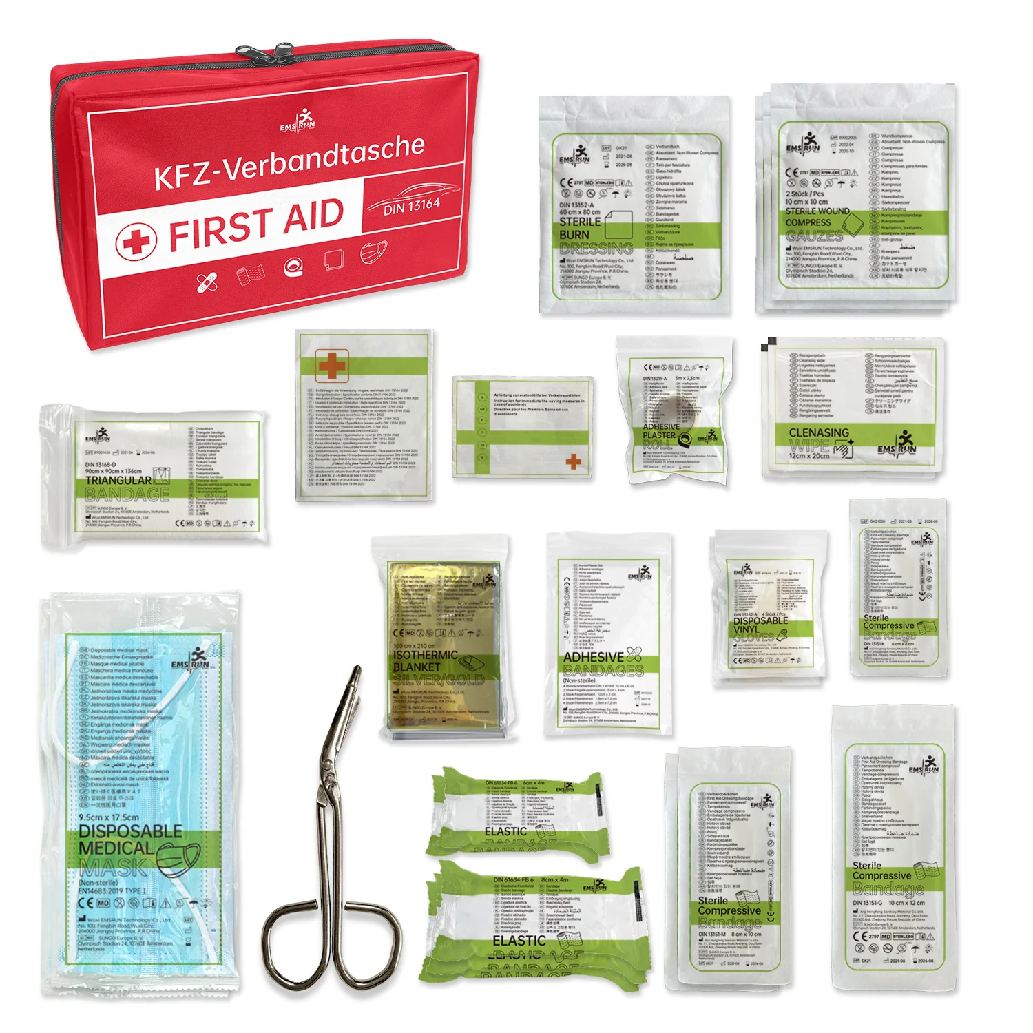 Chinese Manufacturer First Aid Kit Plastic Box Case CE DIN13164 Survival Kit for Car Automobile with Custom Printing OEM