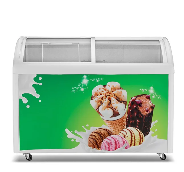 HIC display ice cream fridge commercial curved sliding glass door chest freezer