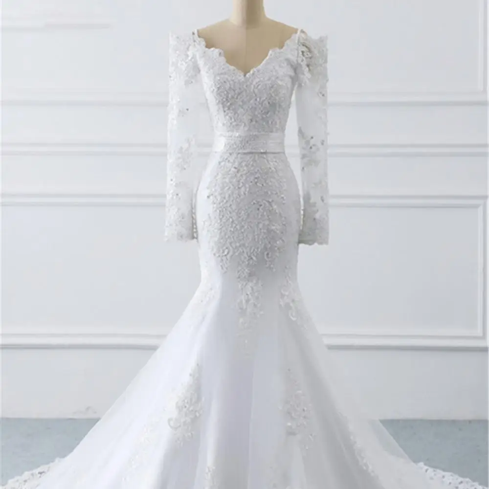 
ELWD0000037 Factory Real Sample Latest long sleeve mermaid sheer layer lace wedding dresses 