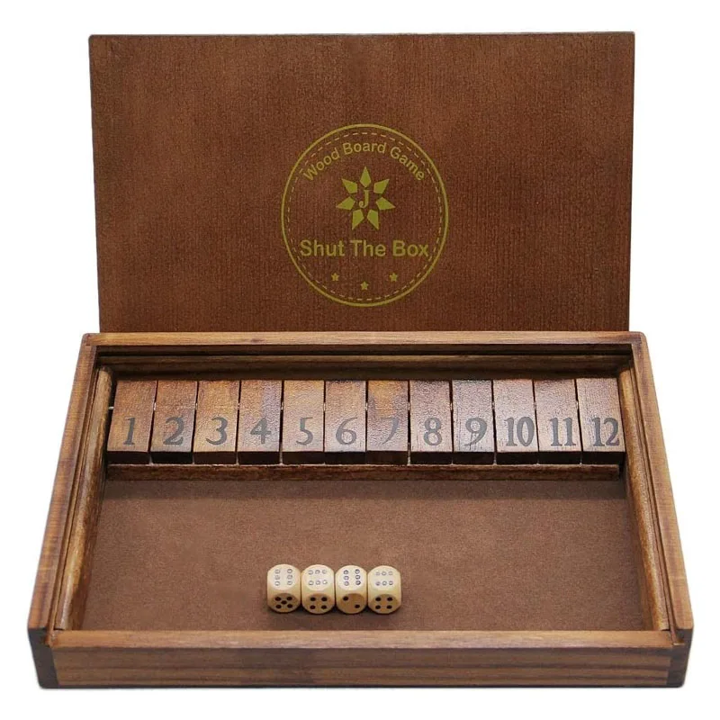 Shut The Box Wooden Board Dice Game with 12 Numbers and Lid for Kids Adults Families, 2 Players and Up