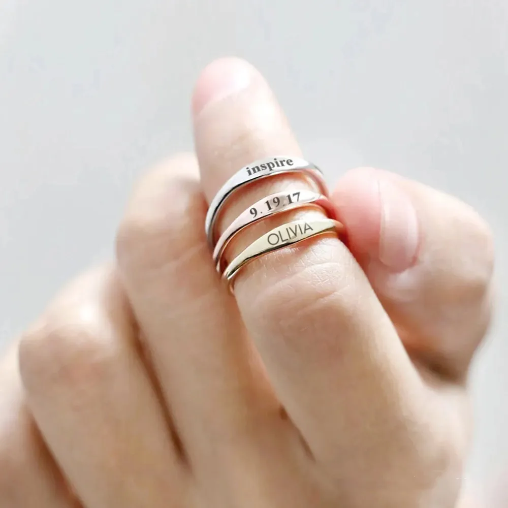 Simple Trendy Stainless Steel Gold Plated Blank Engraving Custom Personalized Ring for Women