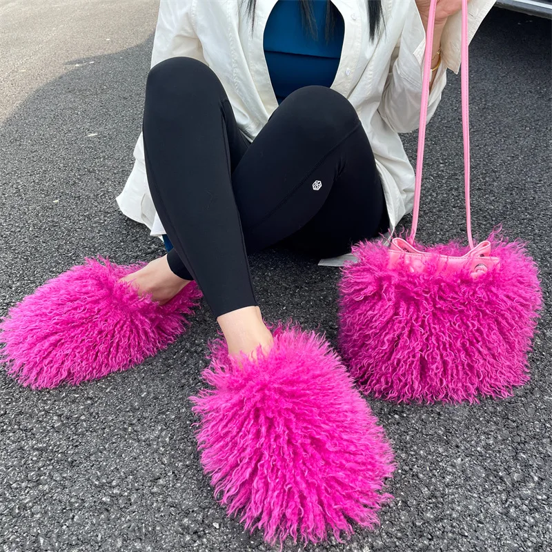 Woman fluffy faux fur fuzzy slippers and shoulder bags shoes set for ladies long fur bag with shoes