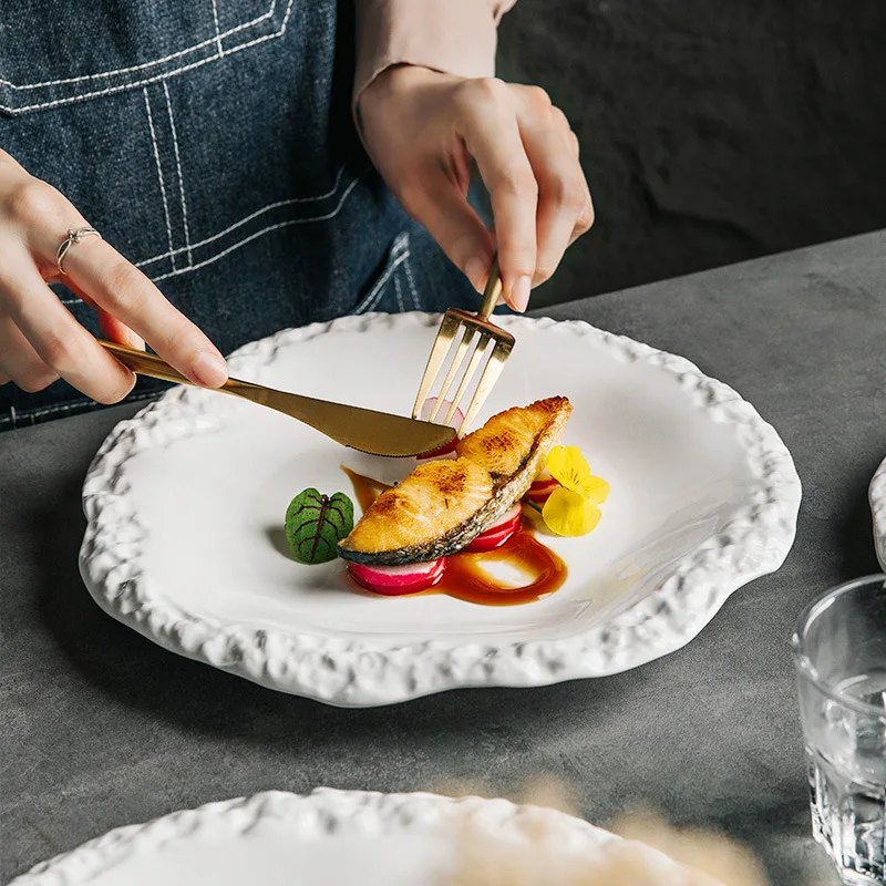 Elegant fine white wedding hotel daily 6/10/12 inch stoneware plate steak salad dessert food serving restaurant ceramic plate