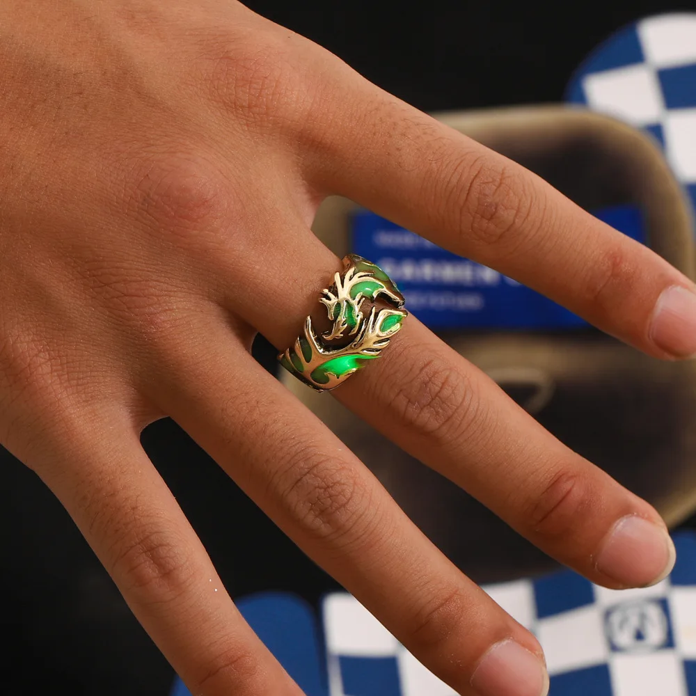 Duoying OEM Anillo Glowing Luminous Men Open Antique Silver Alloy Polished Retro Ring