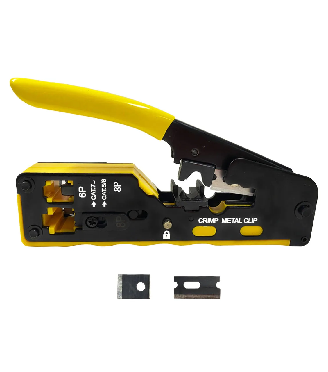 Pass Through Crimper RJ45 Crimp Tool Kit Ethernet Network RJ45 Crimping Stripper Cutter tool  Yellow Stripper + Blades