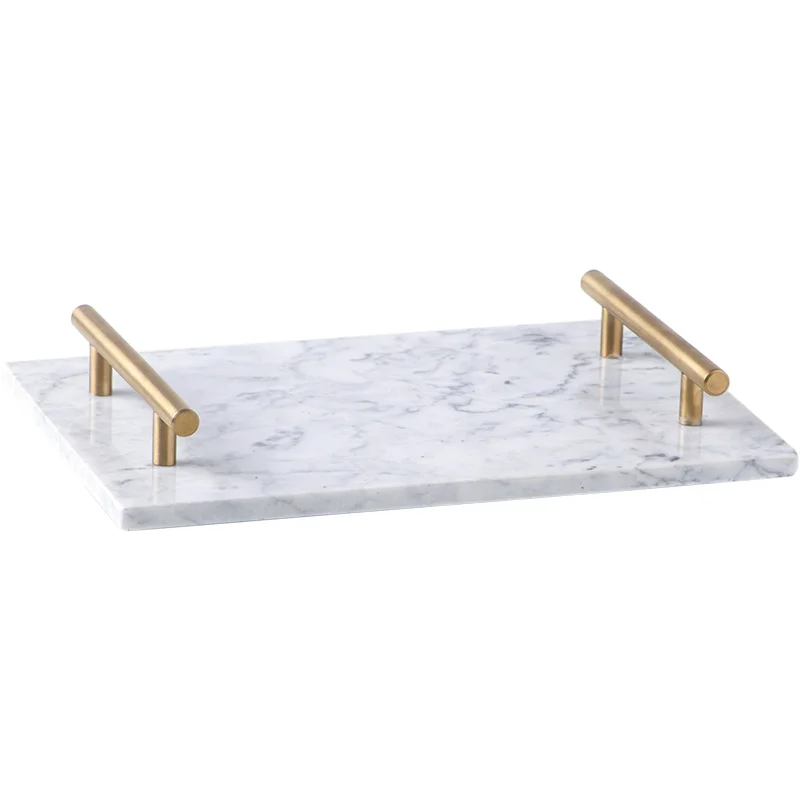 Convenient Wholesale Rectangle Natural Marble Food Serving Tray with Stainless Steel Handles