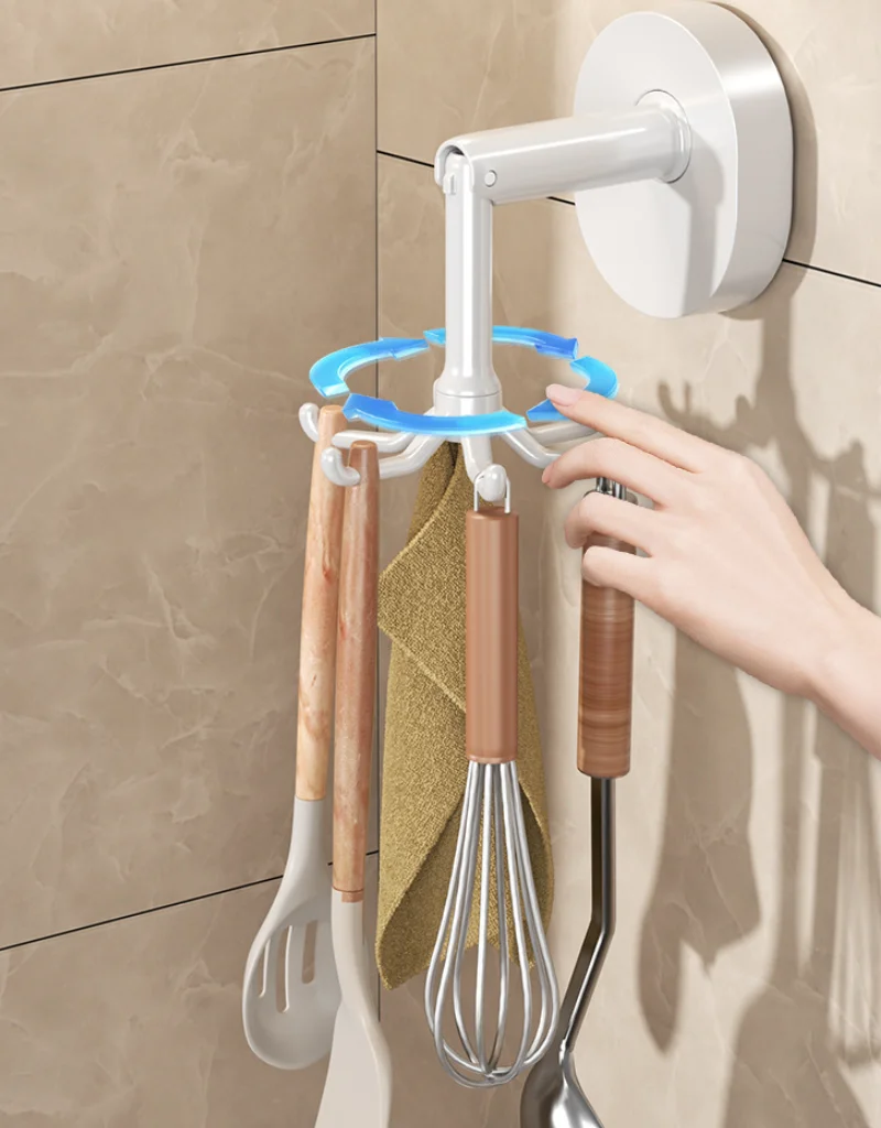 Kitchen Utensils Wall-mounted Hook 360 Degree Vacuum Suction Storage Hook Hanger with 6 Claws for Kitchen Bathroom Office