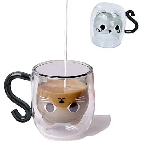Cute Cat Mug Tea Glass Cup Double layer High Temperature Resistant High Borosilicate glass Cup Latte Cappuccino Christmas Glass (1600465325656)