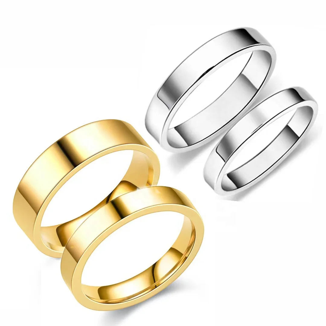 Невыцветающее модное ювелирное изделие 18K позолоченное обручальное кольцо из нержавеющей стали 4 мм 6 мм Гладкие однотонные кольца для мужчин и женщин