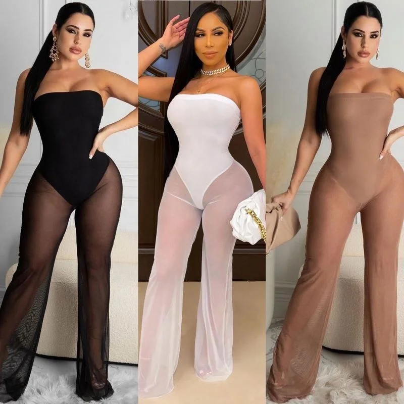 
Latest design 2021 fashion elegant women one piece jumpsuit sleeveless tube top see through wide leg pants rompers club wear 