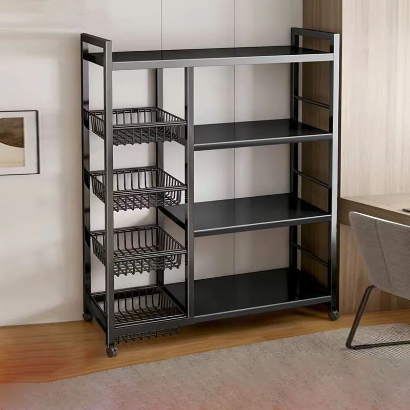 Multi-Layer Metal Kitchen Storage Rack with Wheels Thickened Fence from Floor to Floor for Household Microwave Oven Rack