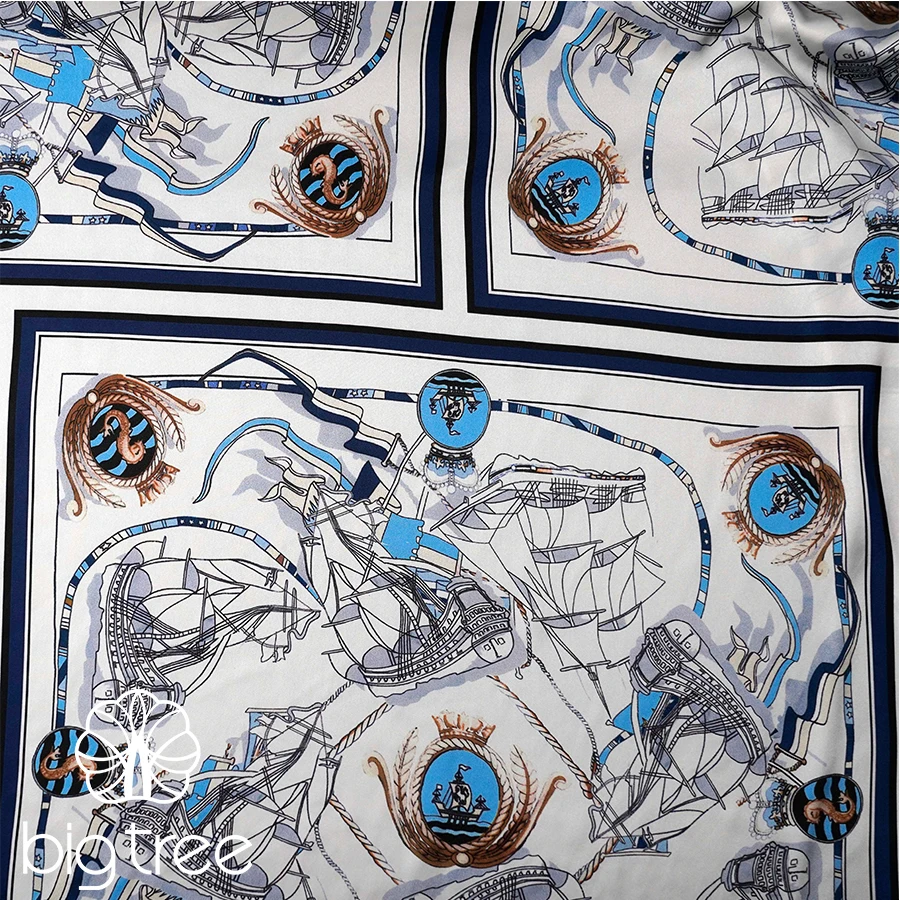 Low MOQ Custom Nautical Digital Print Smooth and Soft Polyester Spandex Satin Fabric for Scarf Dress Shirt