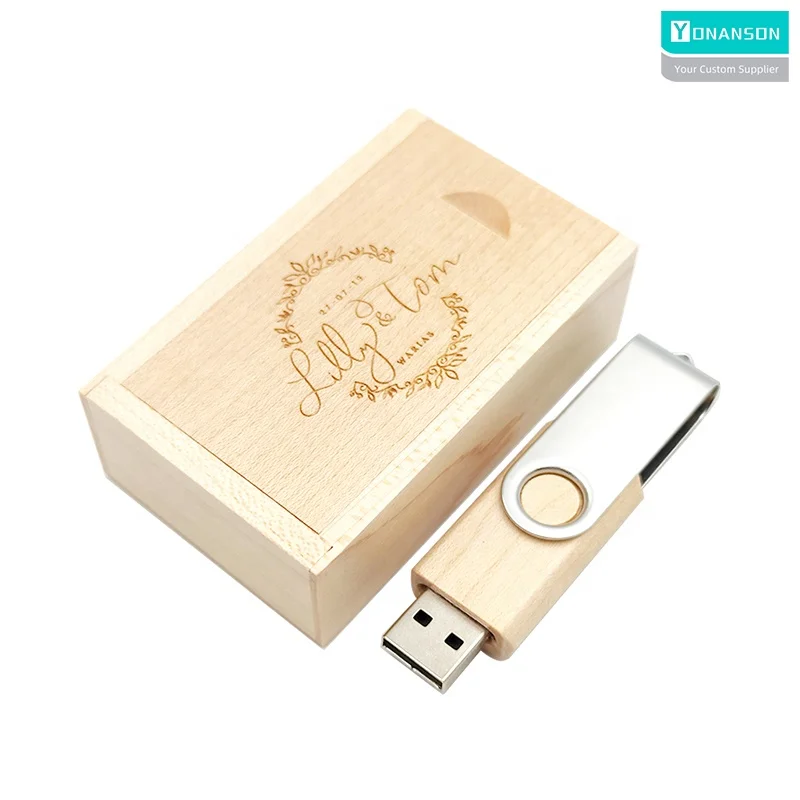 Custom Wooden Swivel USB Flash Drive 3.0 USB 2.0 Gift Box Wholesale Flash Memory USB 32GB Wood Rotating Pendrive 128gb